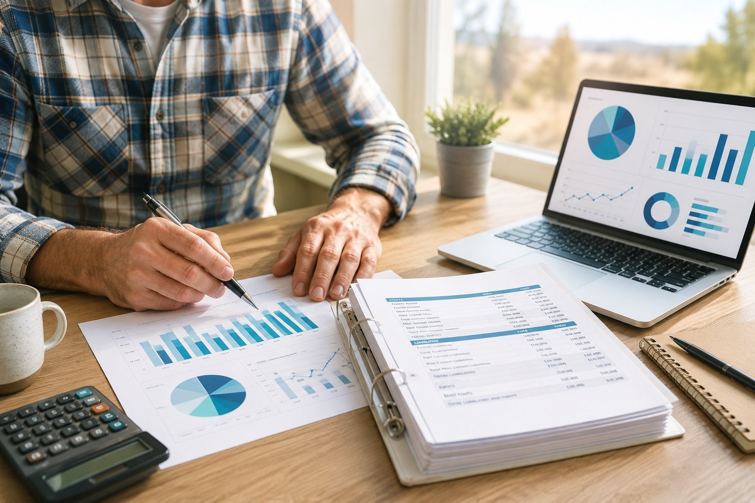 Business owner reviewing financial reports and accounting data