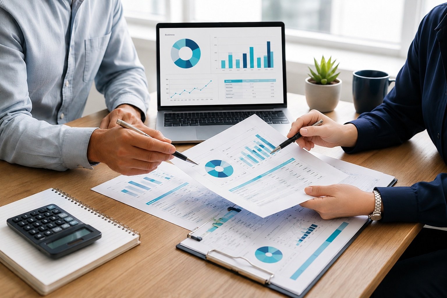 Business owners reviewing financial reports to support decision-making