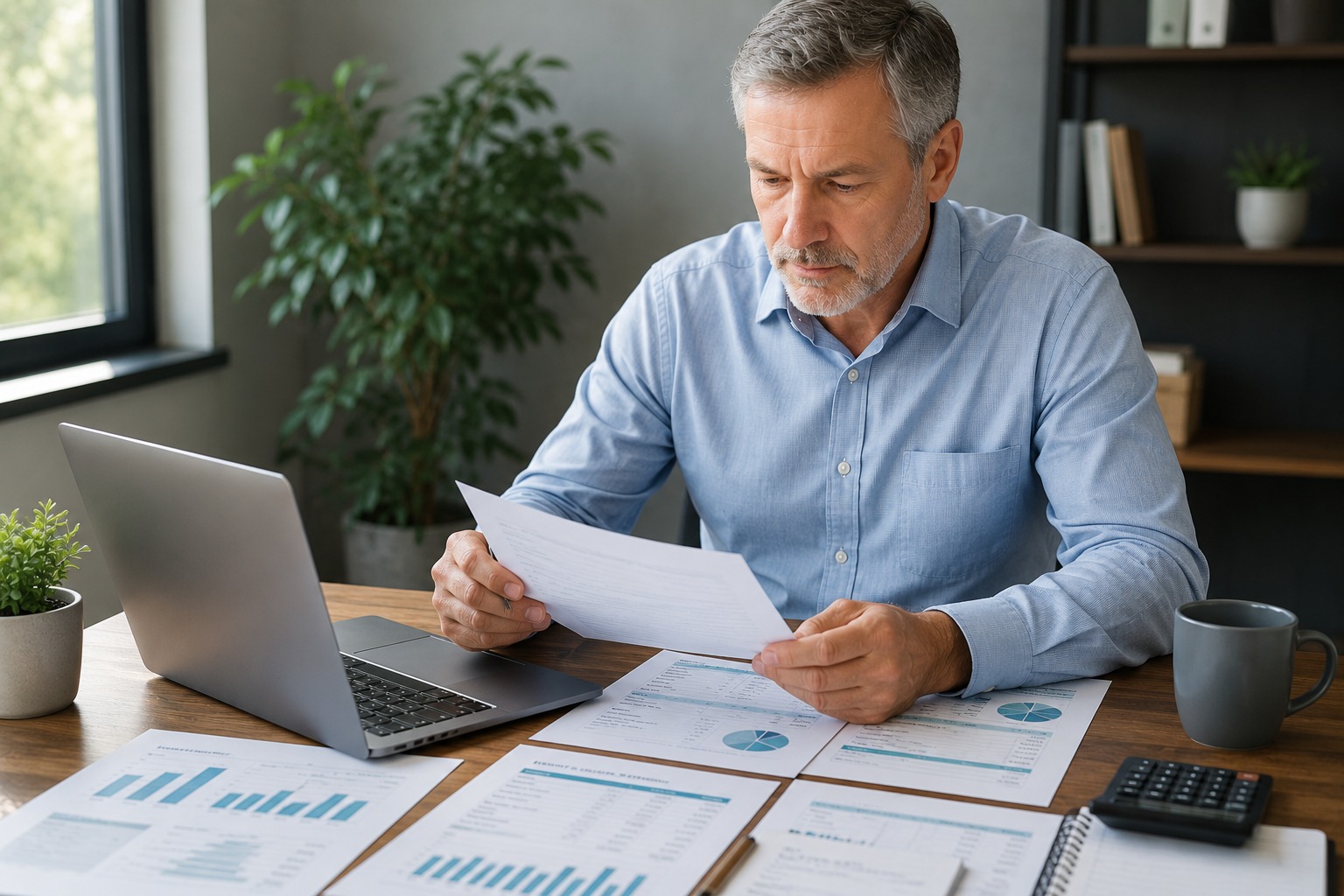 Business owner reviewing financial statements and financial reports to evaluate business performance and financial condition.